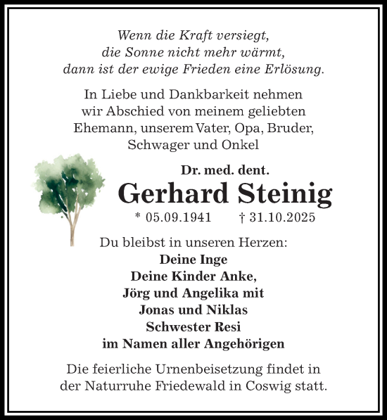 Traueranzeige von Gerhard Steinig von Sächsische Zeitung