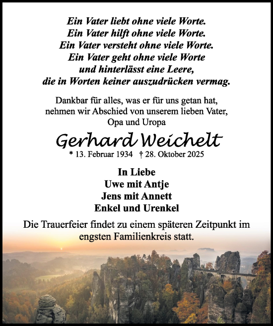 Traueranzeige von Gerhard Weichelt von Sächsische Zeitung
