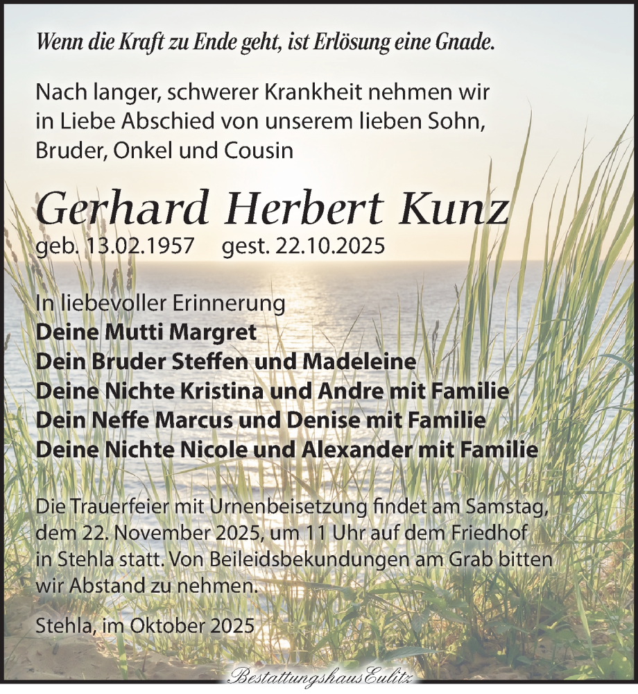  Traueranzeige für Gerhard Herbert Kunz vom 02.11.2025 aus Torgauer Zeitung