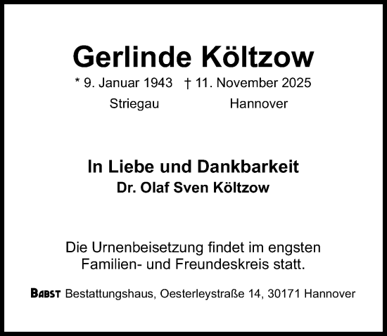 Traueranzeige von Gerlinde Költzow von Hannoversche Allgemeine Zeitung/Neue Presse