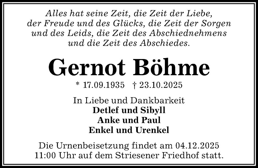  Traueranzeige für Gernot Böhme vom 15.11.2025 aus Sächsische Zeitung