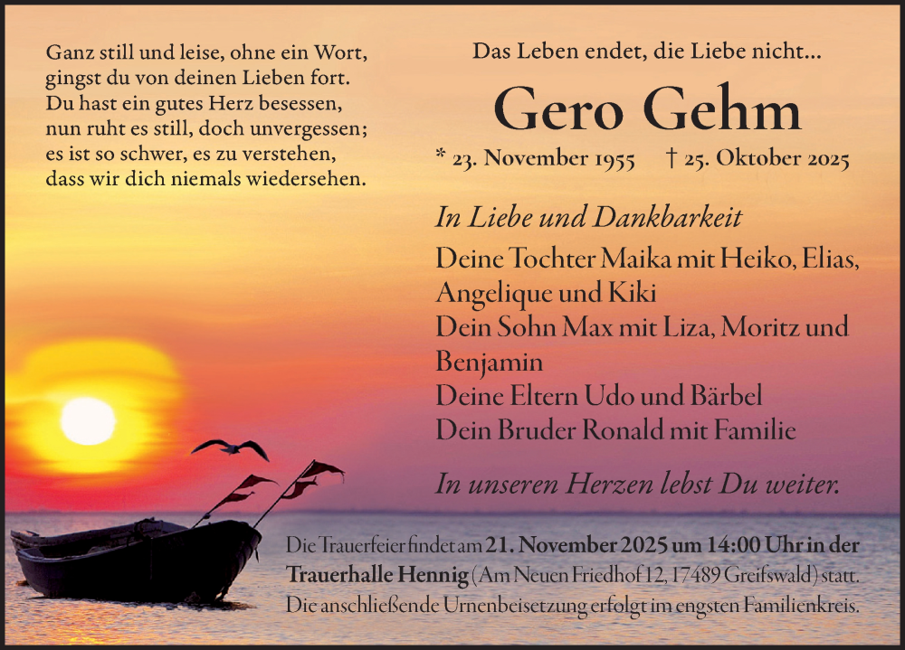  Traueranzeige für Gero Gehm vom 08.11.2025 aus Ostsee-Zeitung GmbH