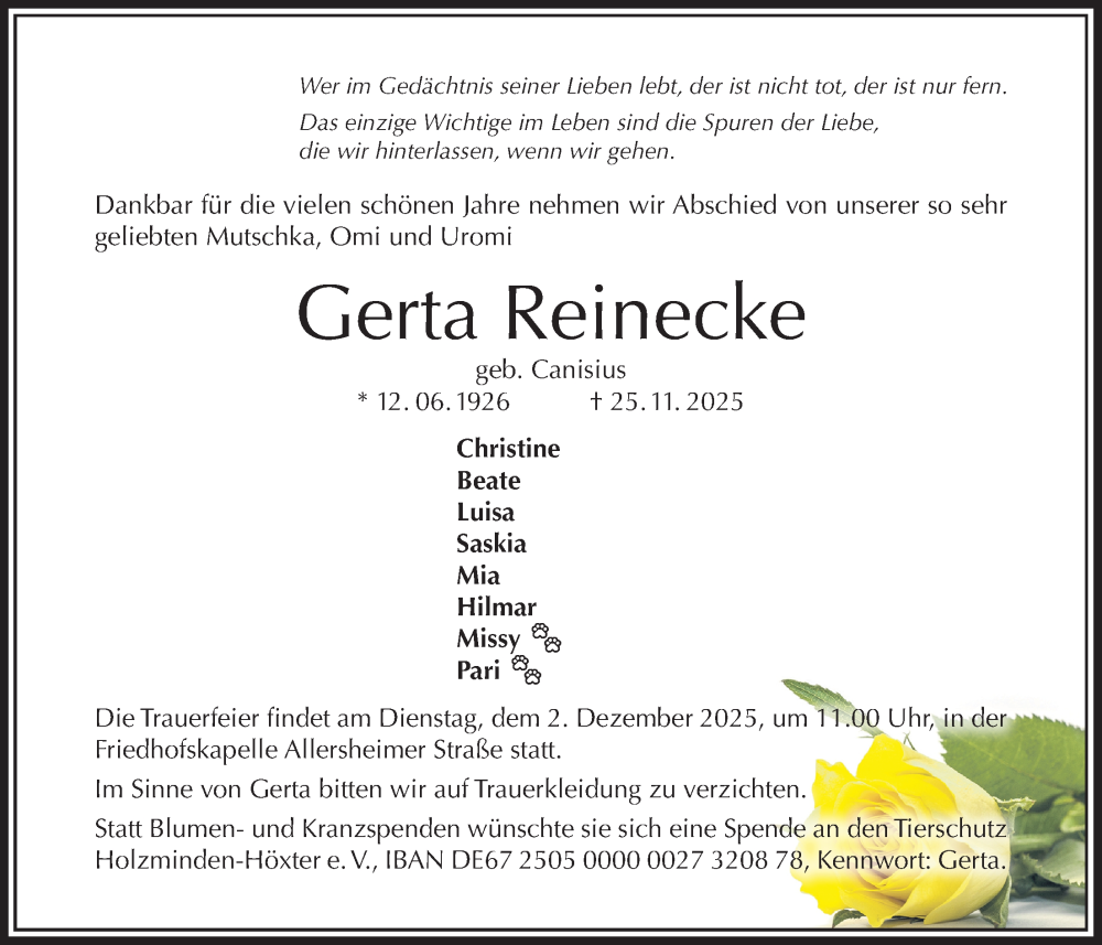  Traueranzeige für Gerta Reinecke vom 29.11.2025 aus Täglicher Anzeiger Holzminden