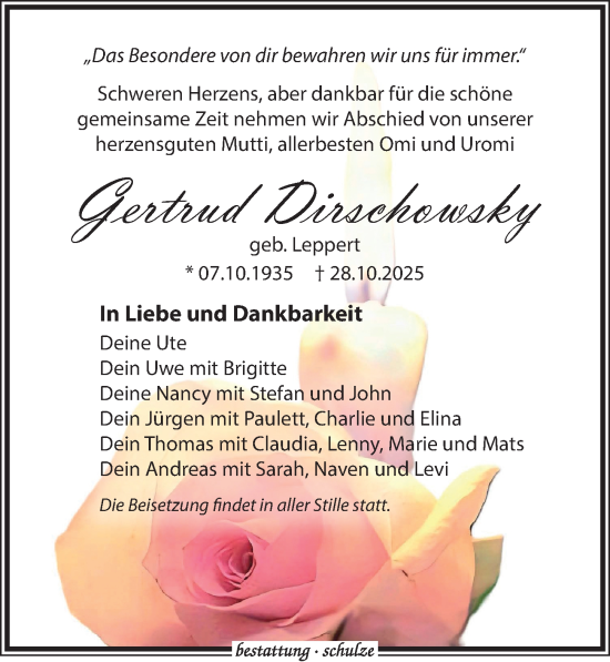 Traueranzeige von Gertrud Dirschowsky von Leipziger Volkszeitung