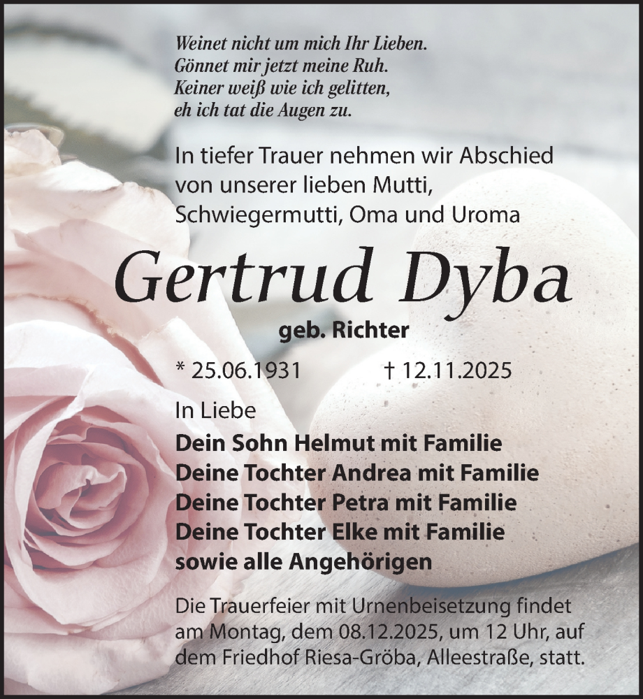  Traueranzeige für Gertrud Dyba vom 29.11.2025 aus Sächsische Zeitung