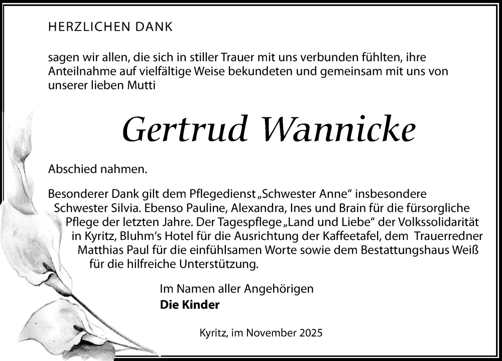  Traueranzeige für Gertrud Wannicke vom 15.11.2025 aus Wochenspiegel