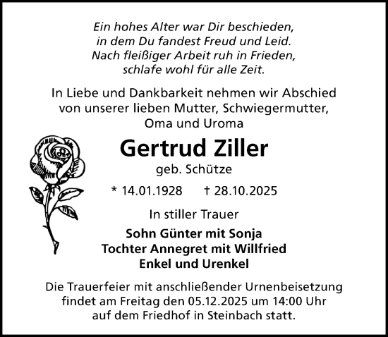 Traueranzeige von Gertrud Ziller von Sächsische Zeitung