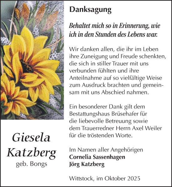 Traueranzeige von Giesela Katzberg von Wochenspiegel