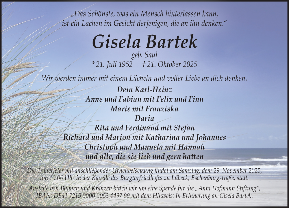  Traueranzeige für Gisela Bartek vom 23.11.2025 aus Lübecker Nachrichten