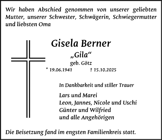 Traueranzeige von Gisela Berner von Kieler Nachrichten
