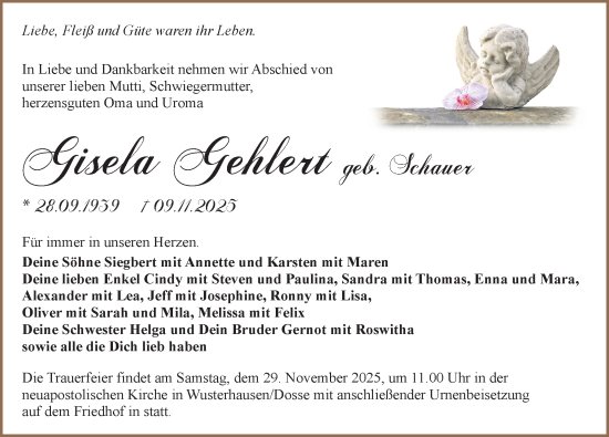 Traueranzeige von Gisela Gehlert von Wochenspiegel