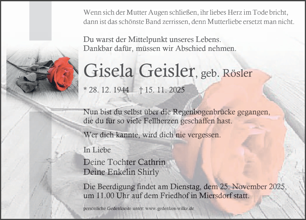  Traueranzeige für Gisela Geisler vom 22.11.2025 aus Märkischen Allgemeine Zeitung
