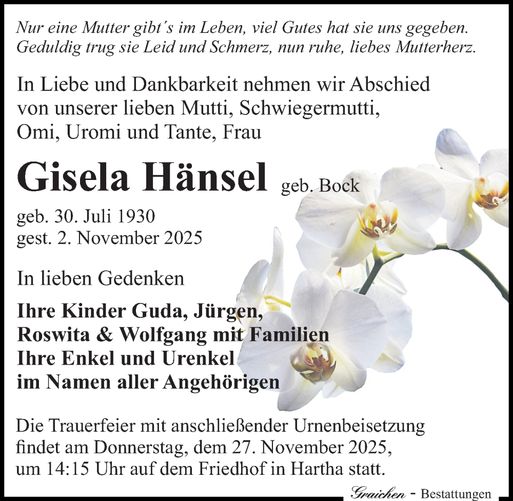  Traueranzeige für Gisela Hänsel vom 15.11.2025 aus Sächsische Zeitung