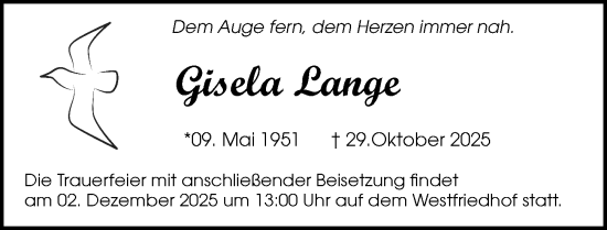 Traueranzeige von Gisela Lange von Ostsee-Zeitung GmbH