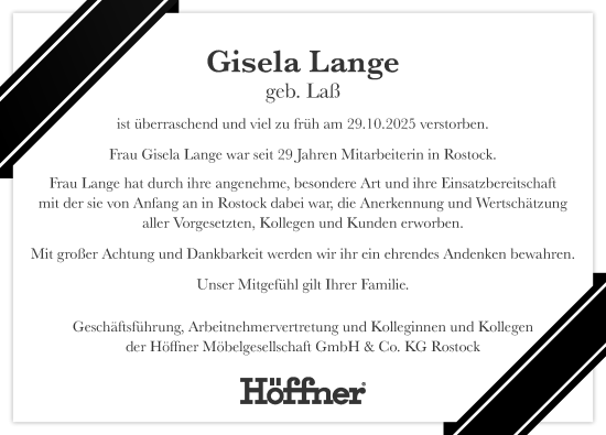Traueranzeige von Gisela Lange von Ostsee-Zeitung GmbH