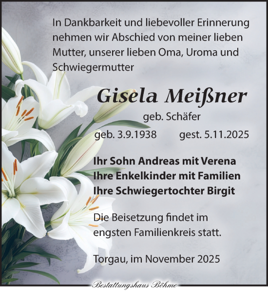 Traueranzeige von Gisela Meißner von Torgauer Zeitung