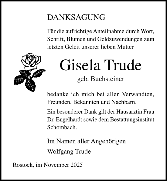 Traueranzeige von Gisela Trude von Ostsee-Zeitung GmbH