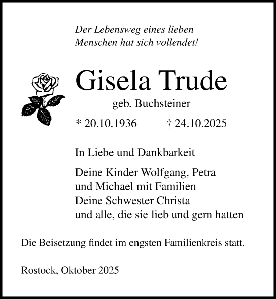 Traueranzeige von Gisela Trude von Ostsee-Zeitung GmbH