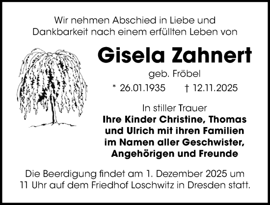 Traueranzeige von Gisela Zahnert von Sächsische Zeitung