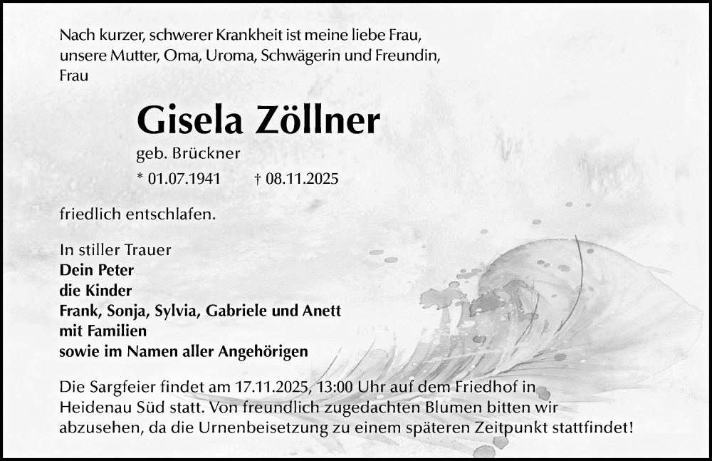  Traueranzeige für Gisela Zöllner vom 13.11.2025 aus Sächsische Zeitung