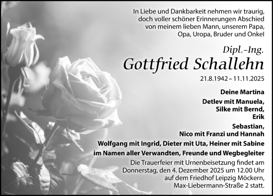 Traueranzeige von Gottfried Schallehn von Leipziger Volkszeitung