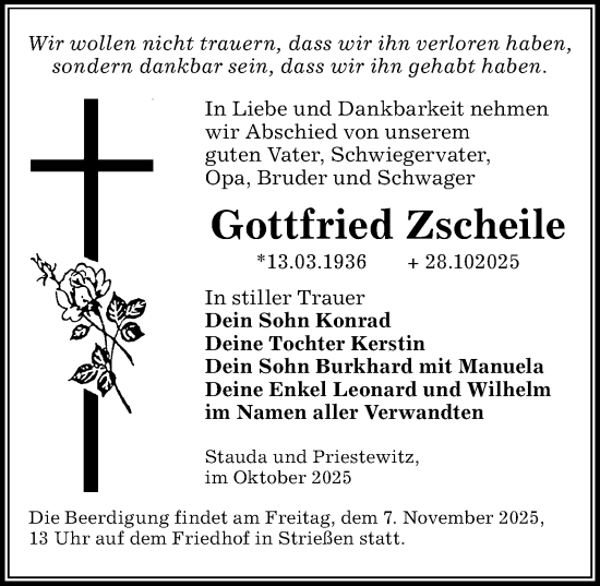Traueranzeige von Gottfried Zscheile von Sächsische Zeitung