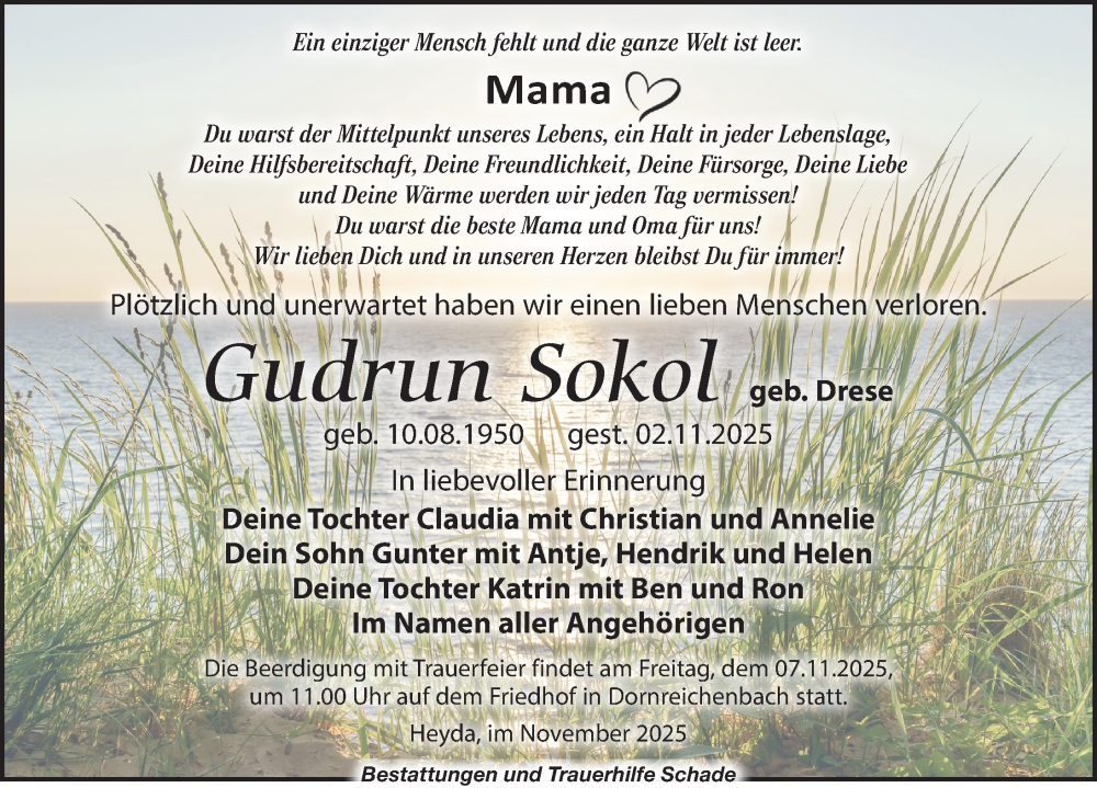  Traueranzeige für Gudrun Sokol vom 06.11.2025 aus Leipziger Volkszeitung