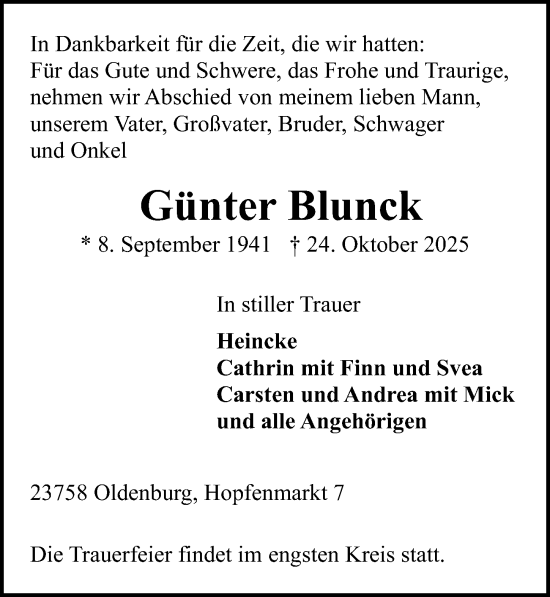 Traueranzeige von Günter Blunck von Lübecker Nachrichten