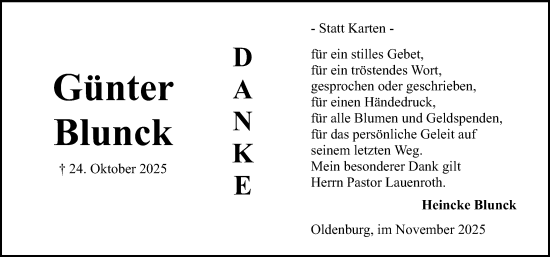 Traueranzeige von Günter Blunck von Lübecker Nachrichten
