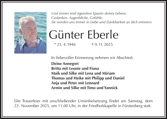 Traueranzeige von Günter Eberle von Täglicher Anzeiger Holzminden