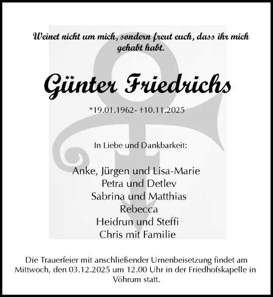 Traueranzeige von Günter Friedrichs von Peiner Allgemeine Zeitung