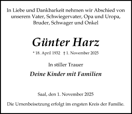 Traueranzeige von Günter Harz von Ostsee-Zeitung GmbH