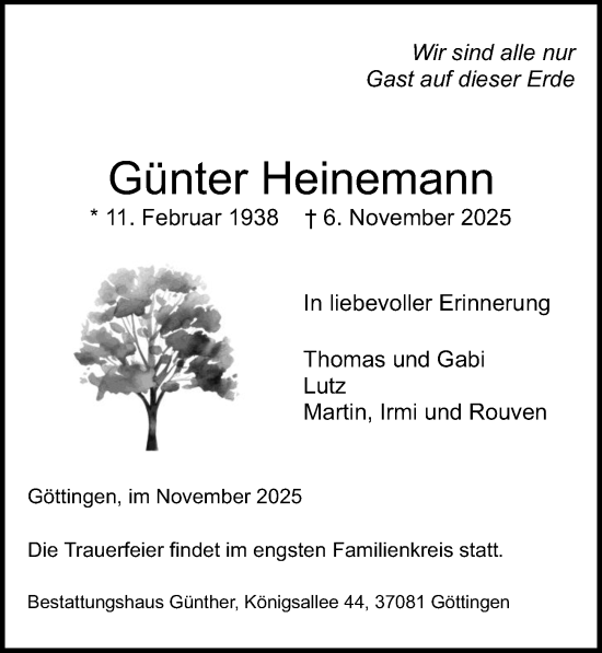 Traueranzeige von Günter Heinemann von Göttinger Tageblatt