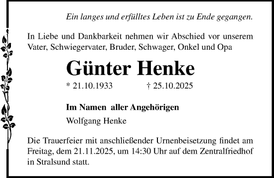 Traueranzeige von Günter Henke von Ostsee-Zeitung GmbH