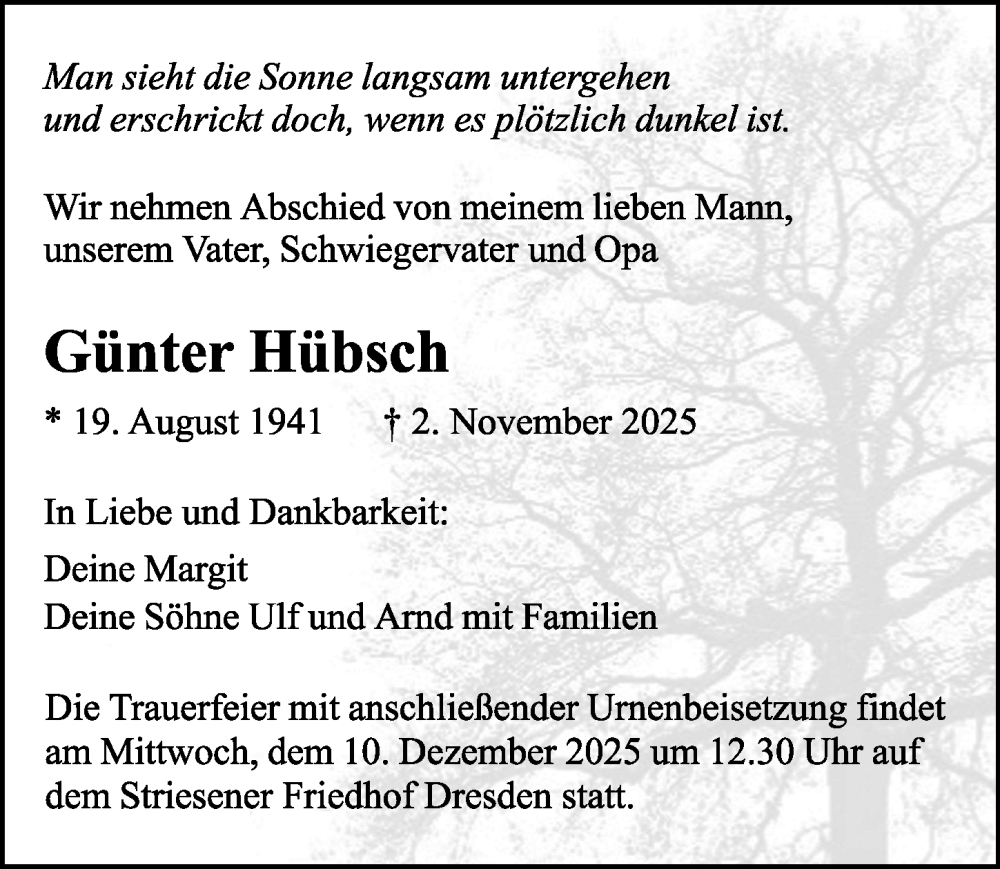  Traueranzeige für Günter Hübsch vom 22.11.2025 aus Sächsische Zeitung