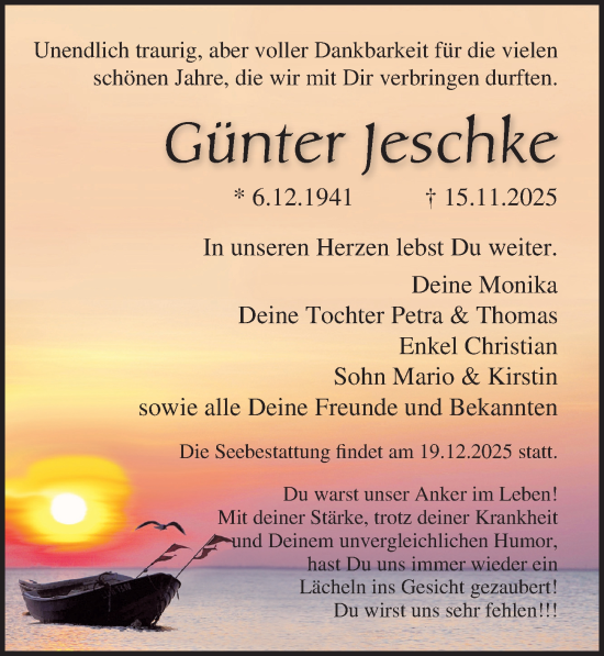 Traueranzeige von Günter Jeschke von Ostsee-Zeitung GmbH