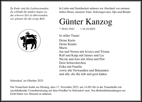 Traueranzeige von Günter Kanzog von Ostsee-Zeitung GmbH