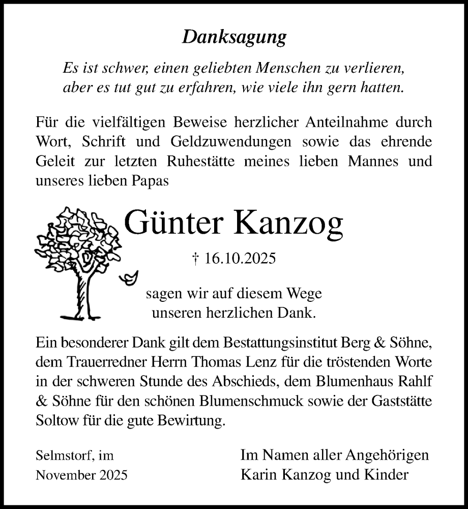  Traueranzeige für Günter Kanzog vom 29.11.2025 aus Ostsee-Zeitung GmbH