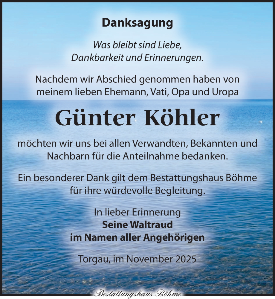  Traueranzeige für Günter Köhler vom 23.11.2025 aus Torgauer Zeitung