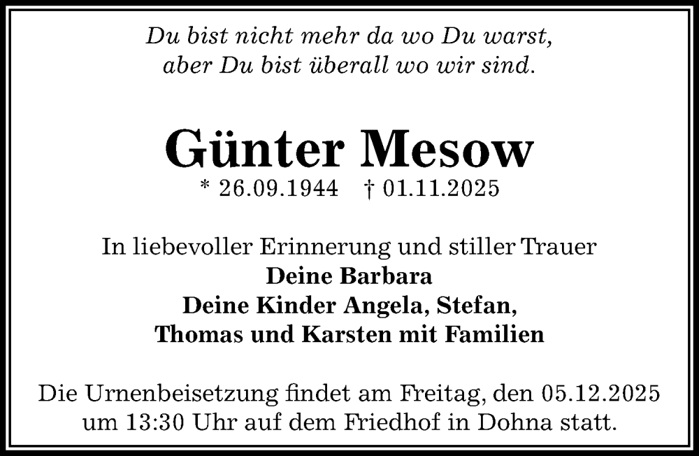  Traueranzeige für Günter Mesow vom 15.11.2025 aus Sächsische Zeitung
