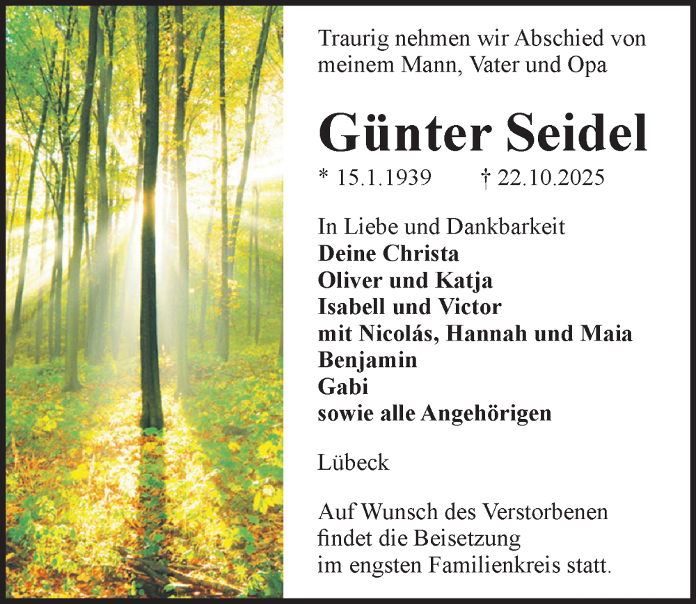  Traueranzeige für Günter Seidel vom 02.11.2025 aus Lübecker Nachrichten