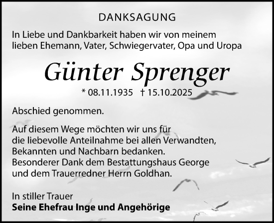 Traueranzeige von Günter Sprenger von Leipziger Volkszeitung