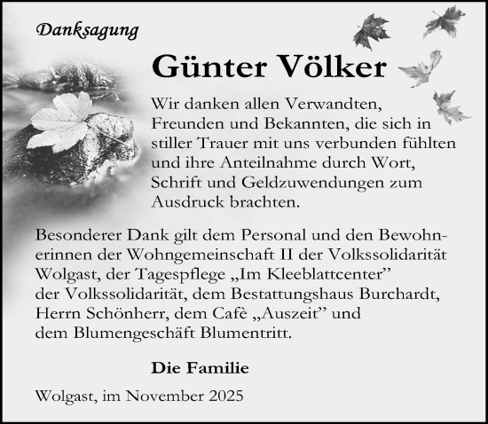 Traueranzeige von Günter Völker von Ostsee-Zeitung GmbH
