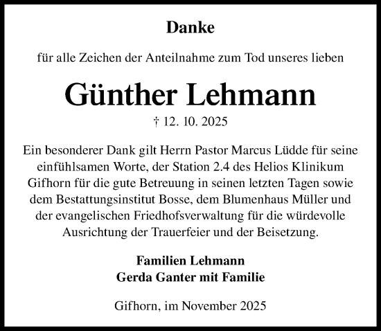 Traueranzeige von Günther Lehmann von Aller Zeitung