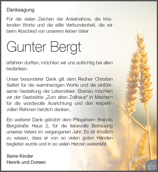 Traueranzeige von Gunter Bergt von Leipziger Volkszeitung