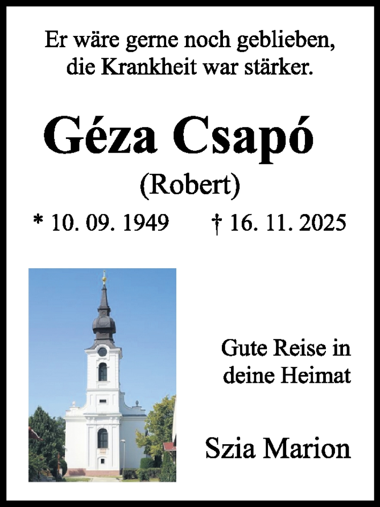  Traueranzeige für Géza Csapo vom 22.11.2025 aus Sächsische Zeitung
