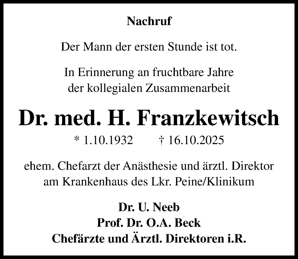 Traueranzeige für H. Franzkewitsch vom 15.11.2025 aus Peiner Allgemeine Zeitung