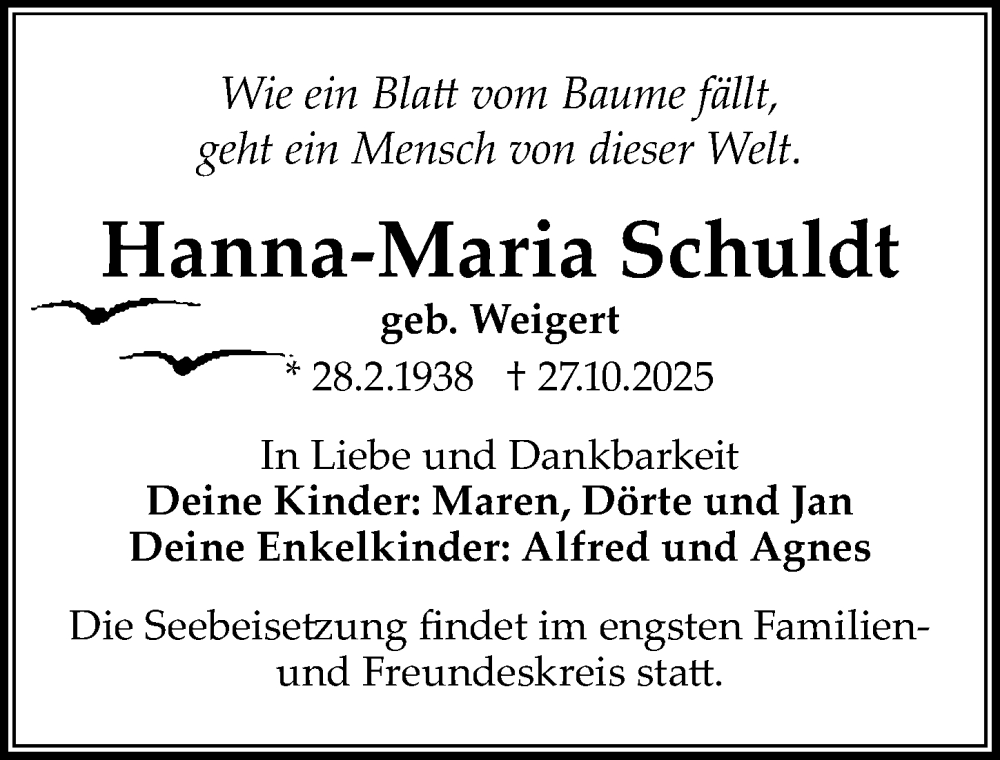 Traueranzeige für Hanna-Maria Schuldt vom 09.11.2025 aus Lübecker Nachrichten