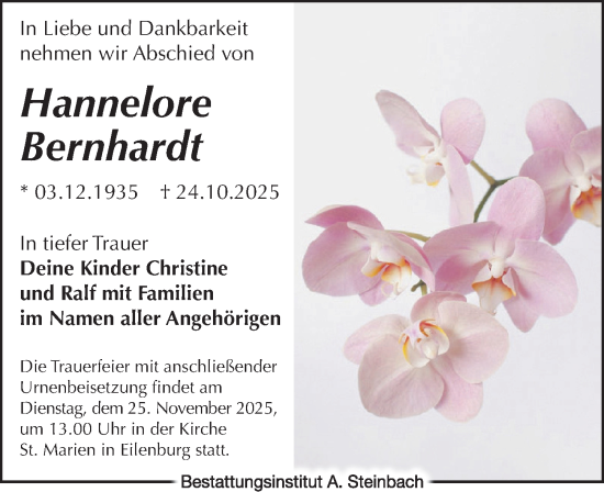 Traueranzeige von Hannelore Bernhardt von Leipziger Volkszeitung