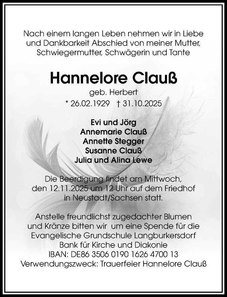  Traueranzeige für Hannelore Clauß vom 08.11.2025 aus Sächsische Zeitung